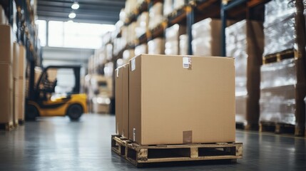 Forklift operator transporting stacked cardboard boxes through a large warehouse aisle filled with organized inventory on shelves.