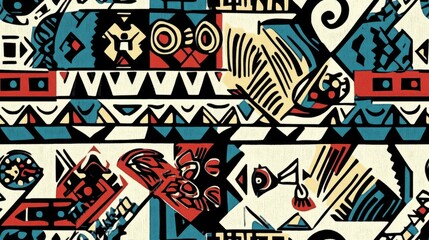 Obraz premium African art illustration featuring a seamless Aztec pattern textile design with vintage boho elements Peruvian motifs and Indian tribal influences in a color palette of white blue black red and gr