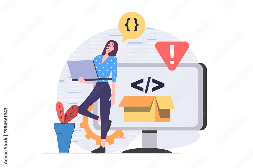 Aufkleber Development and programming concept in modern flat design for web. Woman developer creating software product at laptop, testing program accessibility and making optimization. Illustration.