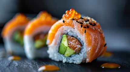 Close-up of a beautifully plated sushi roll featuring fresh salmon, avocado, and cucumber, topped with sauce and served with wasabi.