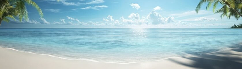 Fototapeta premium A tranquil beach scene featuring calm waters, soft sand, and lush palm trees, perfect for relaxation and vacation imagery.