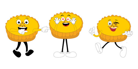 Cute illustration of a pie character in the form of a smiling slice with a raised thumb and a round pie