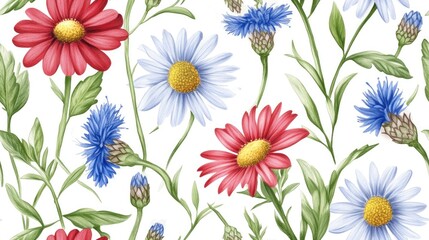 Seamless pattern featuring realistic hand drawn wild chamomile echinacea peppermint and blue flax flowers along with their leaves and buds creating a floral background