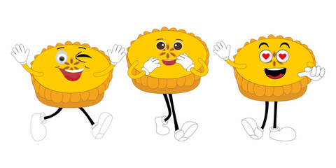 Cute illustration of a pie character in the form of a smiling slice with a raised thumb and a round pie