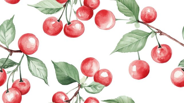 Seamless watercolor pattern featuring cherry branches Elegant summer print for surface design