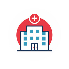 Medical hospital building icon in modern flat style with blue and red colors, design concept
