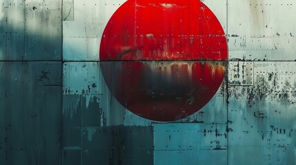 A vibrant close-up of the Japanese flag, showcasing its iconic red circle on a weathered metallic surface with texture.