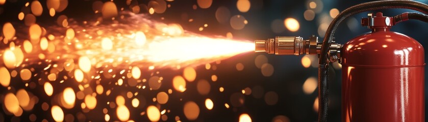 Obraz premium A vibrant image of a fire extinguisher releasing a powerful spray of fire-fighting foam against a backdrop of sparkling lights.