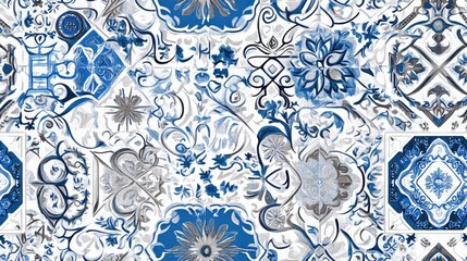 Gray white and blue design featuring Islamic Arabic Indian and Ottoman motifs Multicolor pattern in Turkish style Seamless ceramic tile with vibrant patchwork