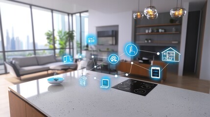 A sleek modern kitchen integrated with smart home technology, displaying IoT features for lighting, security, and home automation systems.