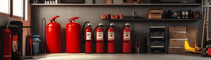 A well-organized garage featuring red fire extinguishers, tools, and storage boxes for safety and efficiency.