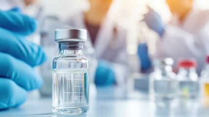 Close-up of a vaccine vial in a laboratory setting, highlighting the importance of medical research and healthcare innovation.