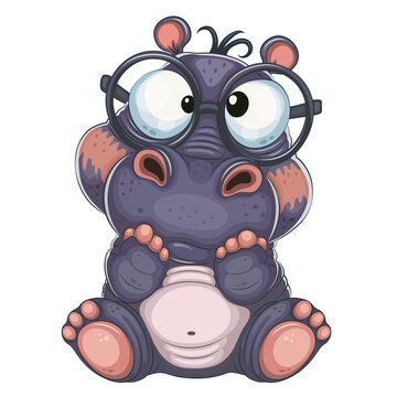 recommend clip art: Cute cartoon Hippo. Children's illustration of a sitting cartoon hippo with glasses. Unique design, children's mascot.