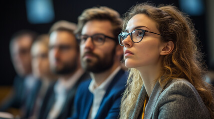 Obraz premium A group of business people at a conference or meeting, sitting in arow and listening to a presentation. Highlighting the focus and engagement of attendees.