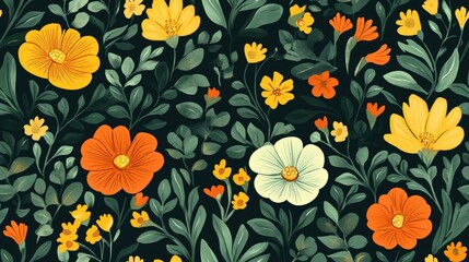 Seamless floral pattern featuring a spring themed design with flat flower elements