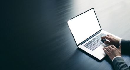 Close up of male hands and laptop with blank screen. Mock-up of computer monitor. Copyspace ready for design or text. Transparent screen, cut out. PNG