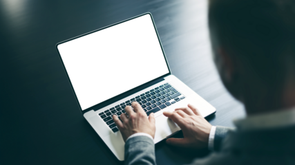 Close up of male hands and laptop with blank screen. Mock-up of computer monitor. Copyspace ready for design or text. Transparent screen, cut out. PNG