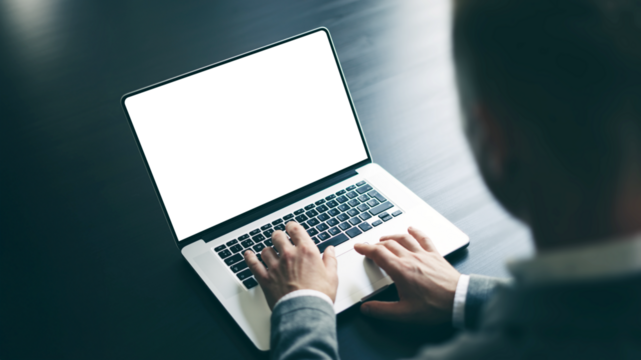 Close up of male hands and laptop with blank screen. Mock-up of computer monitor. Copyspace ready for design or text. Transparent screen, cut out. PNG