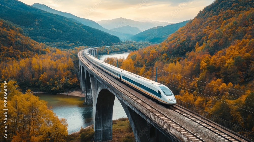 Poster a shot of an electric train in motion, crossing a modern bridge with a river or landscape in the bac