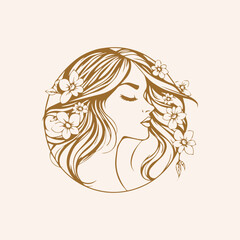 Natural beauty woman long hair logo for salon or cosmetic product with line art style. Line art floral women logo design. creative vintage editable vector floral girl illustration.