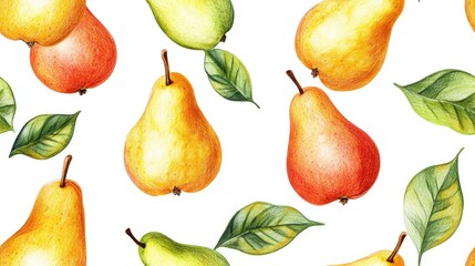 Obraz premium Seamless pattern of hand drawn pears in colored pencil style on a white background