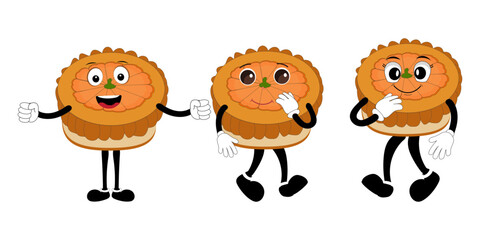 Cute illustration of a pie character in the form of a smiling slice with a raised thumb and a round pie