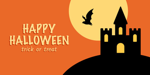 Text Happy Halloween, trick or treat, flying bat and full moon in orange sky and black scary castle. Cute banner design for Halloween.