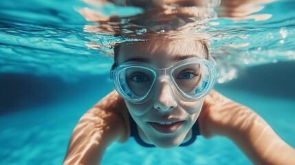 Naklejka premium Young woman in goggles and cap swimming underwater in pool 