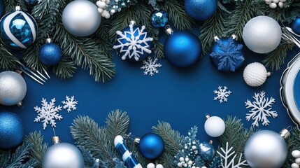 This elegant Christmas table is adorned with snowflake-patterned china, blue and white plates, and gold cutlery, creating a festive winter wonderland ambiance