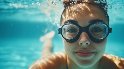 Naklejka premium Young woman in goggles and cap swimming underwater in pool 