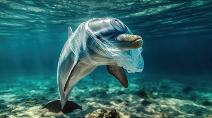 A dolphin with a plastic bag around its head, swimming underwater in the ocean. The dolphin's mouth is open, and it appears to be holding something inside its mouth. 