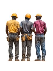 Three men wearing hard hats and safety vests stand together