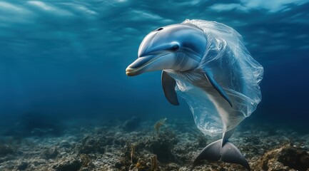 Fototapeta premium A dolphin with a plastic bag around its head, swimming underwater in the ocean. The dolphin's mouth is open, and it appears to be holding something inside its mouth. 