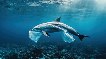 A dolphin struggling with a plastic bag wrapped around its body underwater, representing the impact of marine pollution on wildlife.
