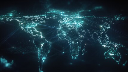 A digital representation of a world map with interconnected data points and glowing lines.