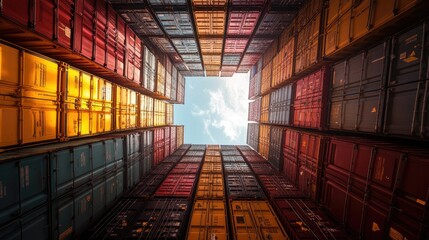 Fototapeta premium A low-angle view of brightly colored shipping containers stacked high, forming a geometric frame around a clear blue sky with clouds.