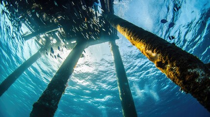 An underwater perspective showing the submerged support columns of an oil rig, covered with marine growth and illuminated by sunlight filtering through the water.