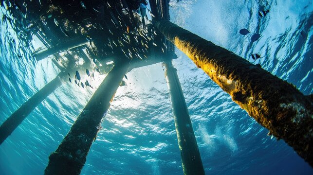 An underwater perspective showing the submerged support columns of an oil rig, covered with marine growth and illuminated by sunlight filtering through the water.