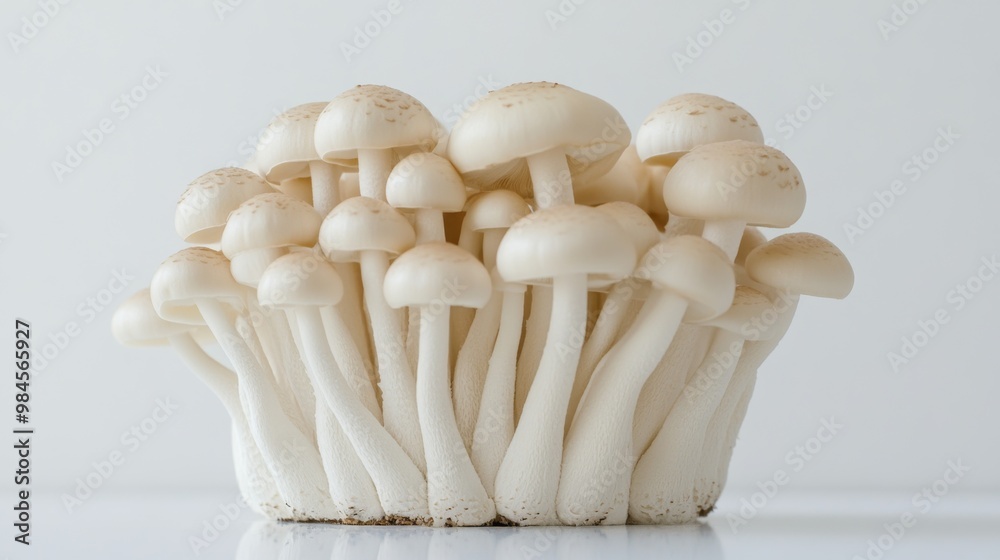 Poster a side view of shimeji mushrooms, beautifully arranged on a white surface, showcasing their elegant 