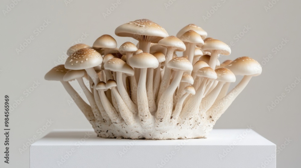 Poster a side view of shimeji mushrooms, beautifully arranged on a white surface, showcasing their elegant 