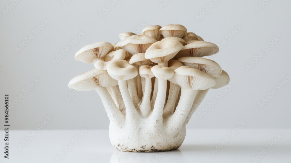 Poster a side view of shimeji mushrooms, beautifully arranged on a white surface, showcasing their elegant 