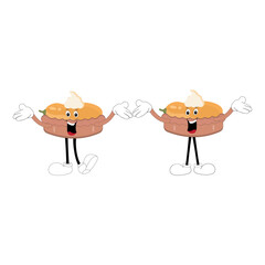 Cute illustration of a pie character in the form of a smiling slice with a raised thumb and a round pie