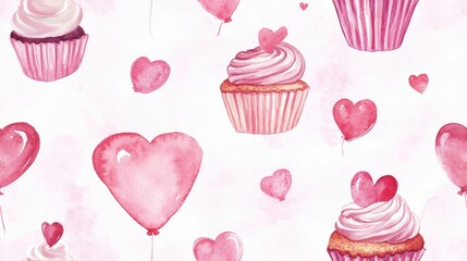 Watercolor romantic pattern featuring cupcakes and heart balloons Seamless digital paper design