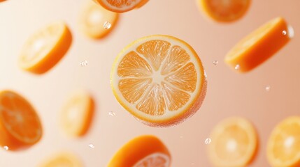 A bright orange kumquat slice tumbling through the air, on a soft pastel peach background.