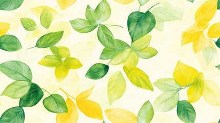 Delicate pattern of leaves and petals from garden plants in vibrant green and lemon hues suitable for paper fabric or organic products