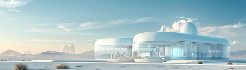 Fototapeta premium A futuristic, icy landscape featuring a sleek, white architectural structure amidst a serene, blue sky and distant mountains.