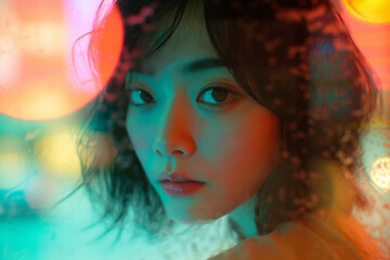 Fototapeta premium Close up portrait of asian woman with wet hair, highlighted by dramatic lighting and vibrant colors, evoking an emotional and intense atmosphere