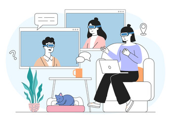 People with virtual communication. Men and women in glasses communicate on social networks and messengers. Colleagues and partners work on common project. Linear vector illustration