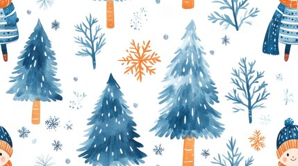 Obraz premium Seamless winter themed pattern featuring hand drawn pine trees snowflakes and a cartoon character in watercolor style