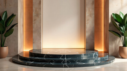 Minimal marble podium in empty space, gifts and tree, for product presentation with copy space